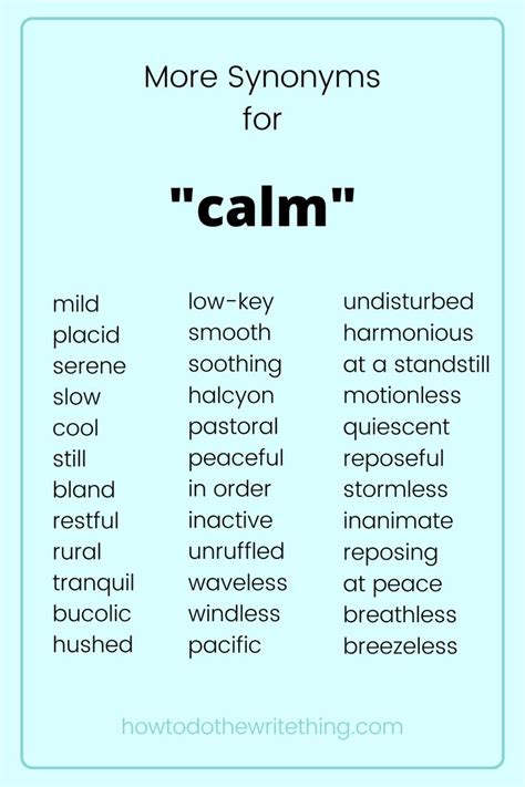 Some synonyms of the adjective calm are peaceful and even-tempered. . Synonyms for calmly